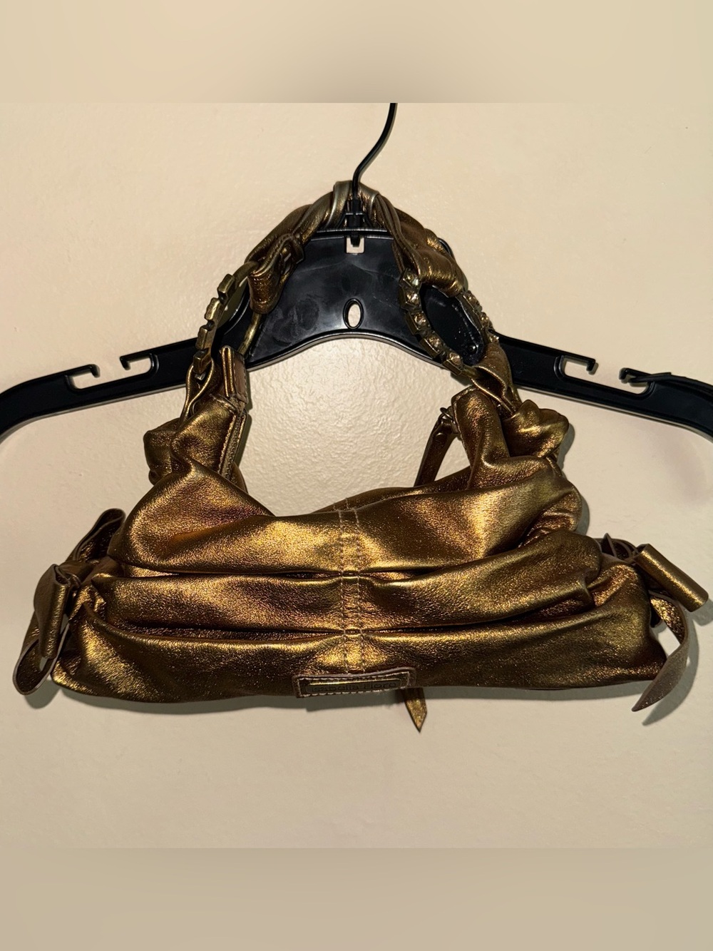 Vintage Y2K Isabella Fiore Metallic Bronze Gold Rhinestone Ruched Shoulder Bag